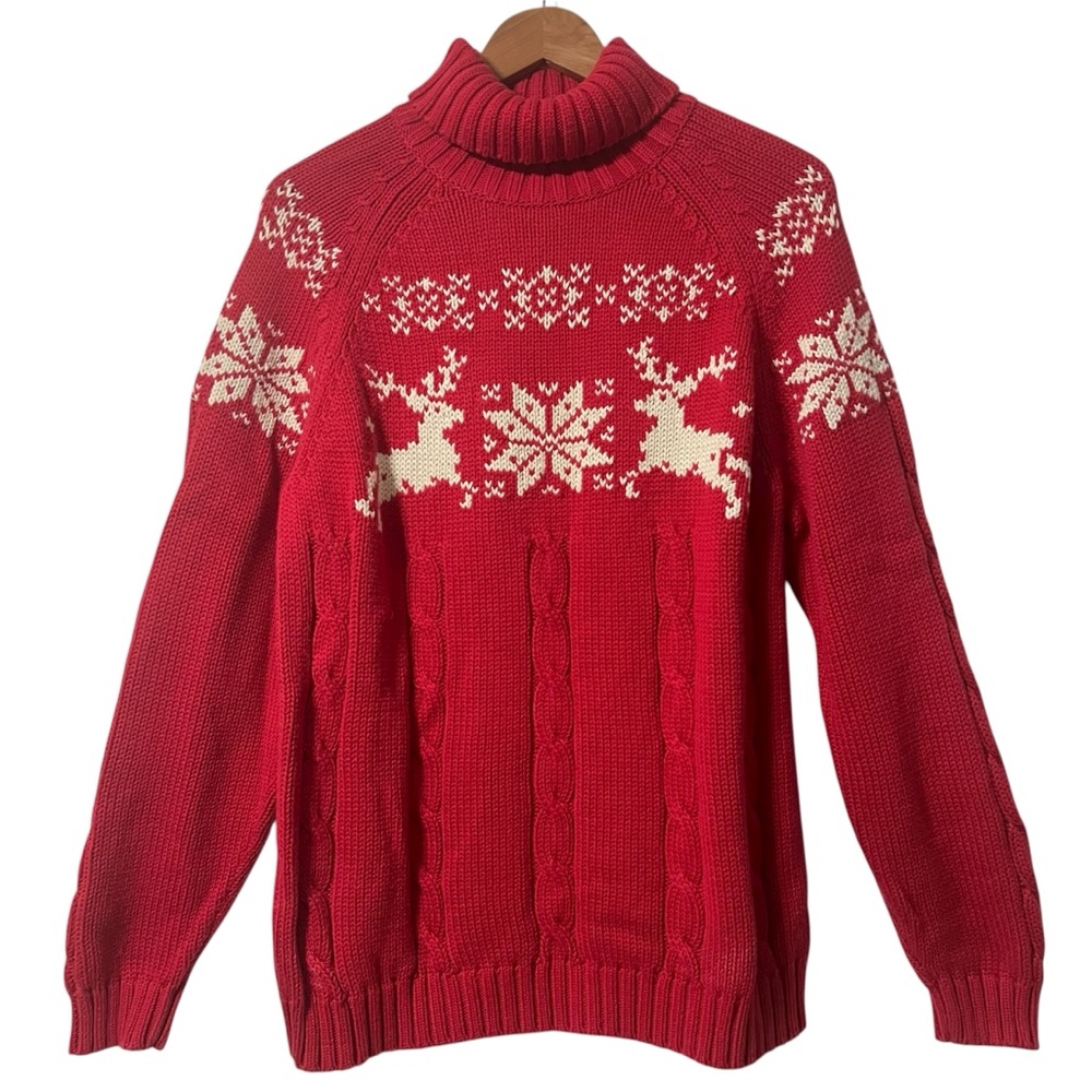 Vintage 90’s Lands End Fair Isle Chunky Knit Reindeer Holiday Cotton Sweater L